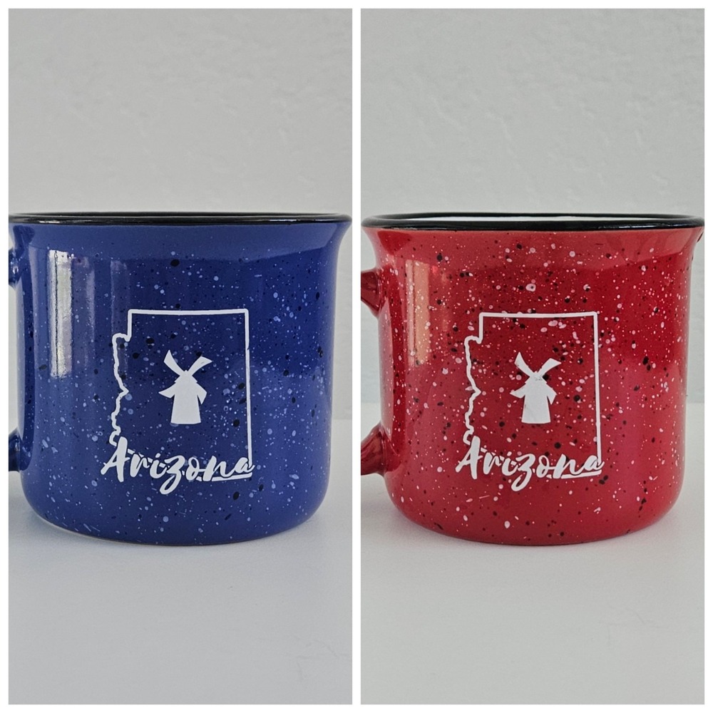 2 - Dutch Brothers Arizona Coffee Mug 12 Oz Red & Blue W/ Speckles Windmill